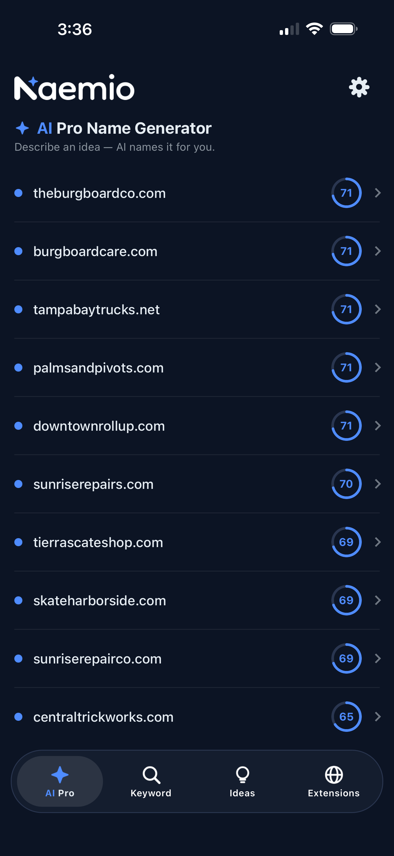 Available .com results with scores