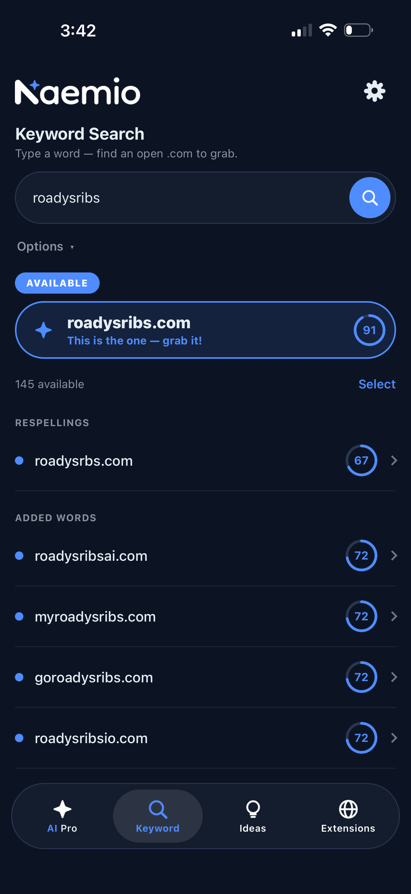 Naemio keyword results with availability scores